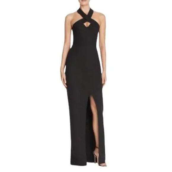 Bariano Australia Cross Front Halter Maxi Front Slit Party Gown Black Women's S